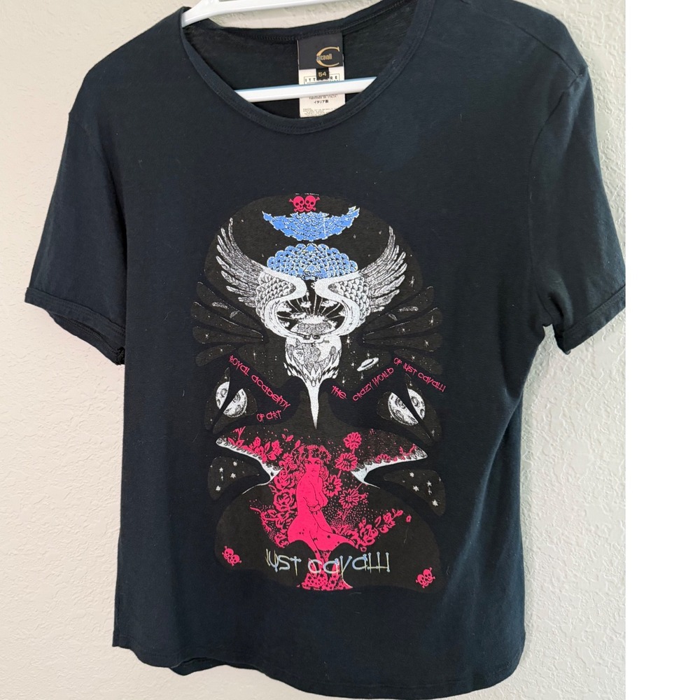 Just Cavalli Roberto Cavalli Y2K Graphic Tee Skull Wings Cashmere Blend Italy 54